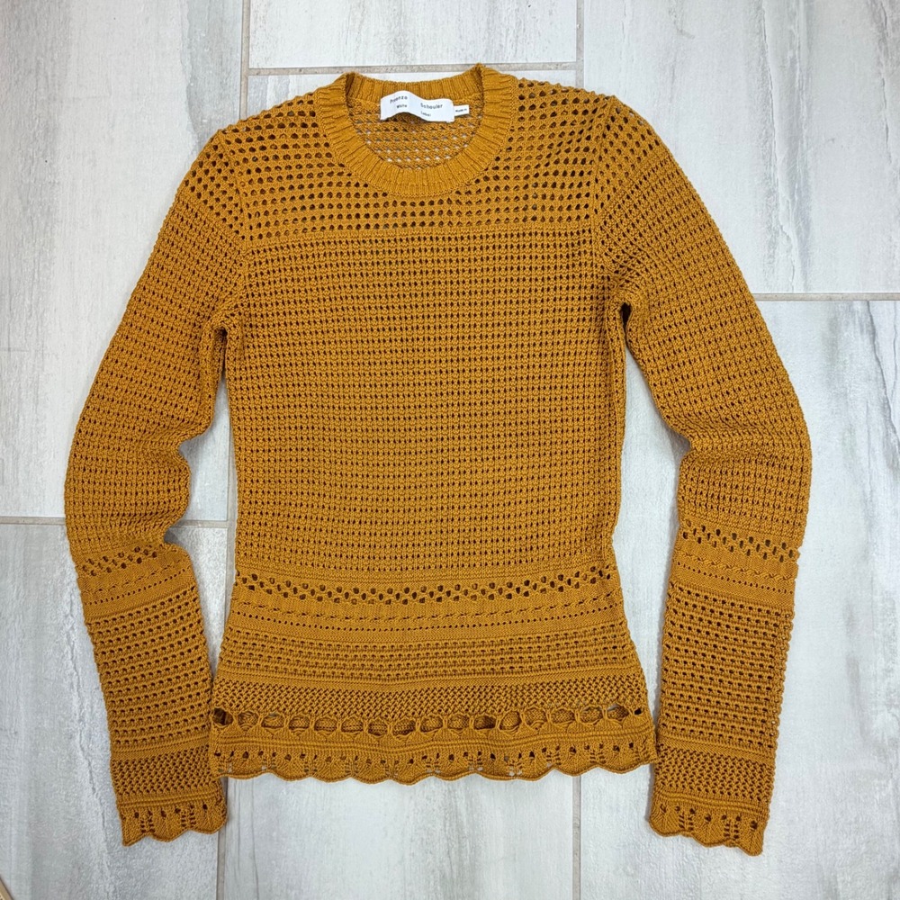Proenza Schouler White Label Mustard Silk Cotton Open Knit Sweater WL222-7763 S